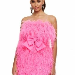 Ashleylauren Ashley Lauren 4467 Hot Pink Cocktail Dress Strapless Full Feathers Bow Waistline