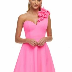 Ashleylauren Ashley Lauren 4468 Hot Pink Cocktail Dress One Shoulder Ruffle A Line Short Skirt