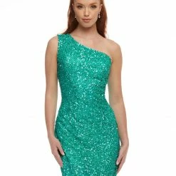 Ashleylauren Ashley Lauren 4469 Jade Cocktail Dress One Shoulder Asymmetrical Lace Up Back Sequin Dresses
