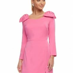 Ashleylauren Ashley Lauren 4470 Pink Cocktail Dress Long Sleeved Bow On Shoulders Mini Slit