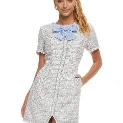 Ashleylauren Ashley Lauren 4472 Blue Tweed Cocktail Dress Bow Pearl Details Short Sleeves 8 Ashleylauren Ashley Lauren 4472 Blue Tweed Cocktail Dress Bow Pearl Details Short Sleeves