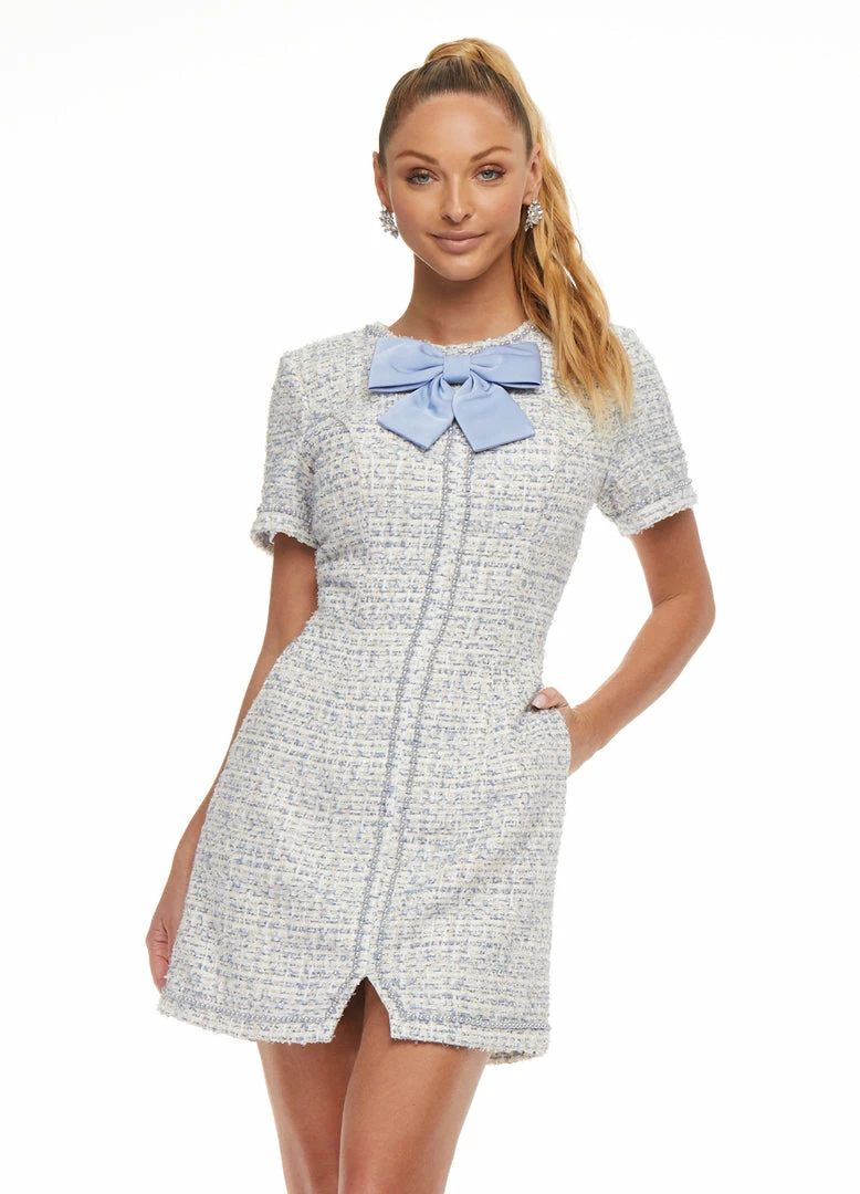 Ashleylauren Ashley Lauren 4472 Blue Tweed Cocktail Dress Bow Pearl Details Short Sleeves 4 Ashleylauren Ashley Lauren 4472 Blue Tweed Cocktail Dress Bow Pearl Details Short Sleeves