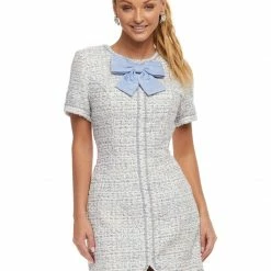 Ashleylauren Ashley Lauren 4472 Blue Tweed Cocktail Dress Bow Pearl Details Short Sleeves