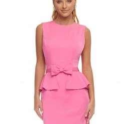 Ashleylauren Ashley Lauren 4475 Pink Cocktail Dress Peplum Skirt Bow Detail Crew Neckline