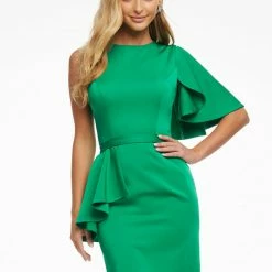 Ashleylauren Ashley Lauren 4476 White Cocktail Dress Crew Neckline One Cape Sleeve Fitted Crepe