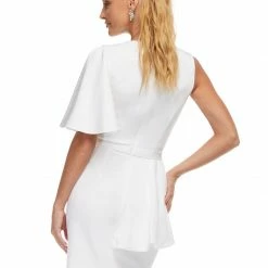 Ashleylauren Ashley Lauren 4476 White Cocktail Dress Crew Neckline One Cape Sleeve Fitted Crepe