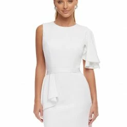Ashleylauren Ashley Lauren 4476 White Cocktail Dress Crew Neckline One Cape Sleeve Fitted Crepe