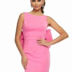 Ashleylauren Ashley Lauren 4477 Pink Cocktail Dress Oversized Bow Back Fitted Crepe Short Dress