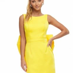 Ashleylauren Ashley Lauren 4477 Yellow Cocktail Dress Oversized Bow Back Fitted Crepe Short Dress