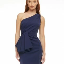 Ashleylauren Ashley Lauren 4478 Red Cocktail Dress One Shoulder Ruching Crepe Fitted Ruffle Waist