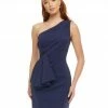 Ashleylauren Ashley Lauren 4478 Navy Cocktail Dress One Shoulder Ruching Crepe Fitted Ruffle Waist
