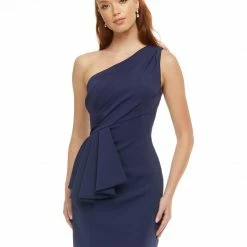 Ashleylauren Ashley Lauren 4478 Navy Cocktail Dress One Shoulder Ruching Crepe Fitted Ruffle Waist
