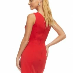 Ashleylauren Ashley Lauren 4478 Red Cocktail Dress One Shoulder Ruching Crepe Fitted Ruffle Waist