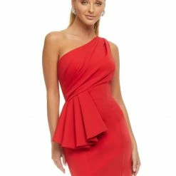 Ashleylauren Ashley Lauren 4478 Red Cocktail Dress One Shoulder Ruching Crepe Fitted Ruffle Waist