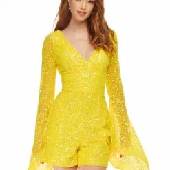 Ashleylauren Ashley Lauren 4338 AB Ivory Romper Fully Beaded Sequins Long Bell Sleeve Romper Pageant Wear Sequin Dresses