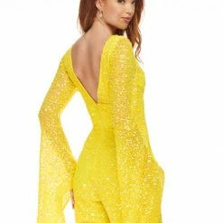 Ashleylauren Ashley Lauren 4338 AB Ivory Romper Fully Beaded Sequins Long Bell Sleeve Romper Pageant Wear Sequin Dresses