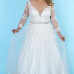 In Stock Sydney's Closet SC5234 Size 20 Long Plus Sized Wedding Dress V Neckline Long Sleeves SC 5234 Ballgown Dresses