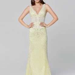 In Stock Primavera Couture 3425 Size 4 Yellow V Neck Prom Dress Evening Gown Beaded