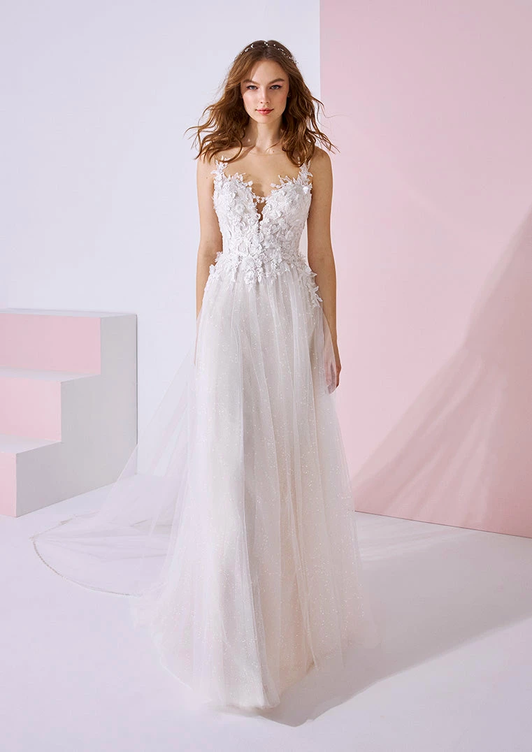 White One Bridal BETHANY Pronovias Wedding Dress Shimmer Tulle 3d Floral Plunging Neckline 4 White One Bridal BETHANY Pronovias Wedding Dress Shimmer Tulle 3d Floral Plunging Neckline