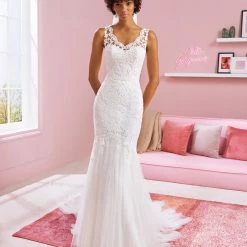 White One Bridal BILLIE Pronovias Wedding Dress Lace Mermaid Tulle Skirt Sheer Straps Mermaid Dresses