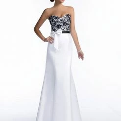 In Stock Adagio Bridesmaids BM142 White Black Fit & Flare Formal Dress Lace Bodice Bow