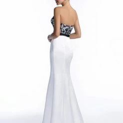 In Stock Adagio Bridesmaids BM142 White Black Fit & Flare Formal Dress Lace Bodice Bow