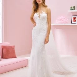 Mermaid Dresses White One Bridal BRITNEY Pronovias Wedding Dress Lace Mermaid Tulle Skirt Illusion Neckline