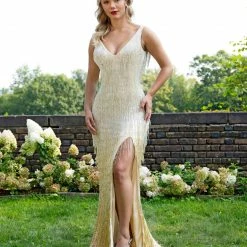 Discontinued Fringe & Tassels Primavera Couture 3031 Long Fringe Embellished Prom Dress Evening Gown Formal Dress