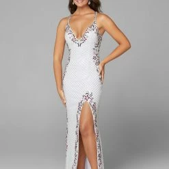 In Stock Primavera Couture 3604 Ivory/Multi Sz 4 Long Beaded Floral Prom Dress Backless Slit Backless Dresses