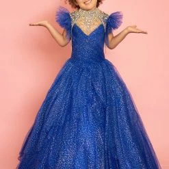Discontinued Sugar Kayne C106 Metallic Glitter A Line Crystal High Neck Pageant Dress Formal Ballgown Dresses