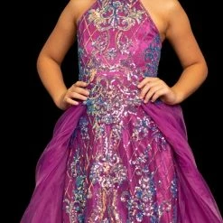 Sugar Kayne C112 Girls Long Sequin Halter Pageant Dress Overskirt Preteen Gown Ballgown Dresses