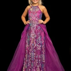 Sugar Kayne C112 Girls Long Sequin Halter Pageant Dress Overskirt Preteen Gown Ballgown Dresses