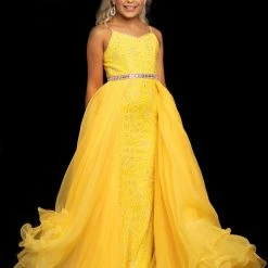 Sugar Kayne C117 Long Lace Girls V Neck Pageant Dress Organza Overskirt Gown