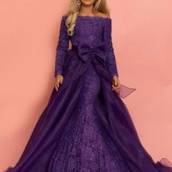 Sugar Kayne Dress C126 Off Shoulder Long Lace Sleeve Mermaid Pageant Dress Overskirt