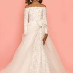 Sugar Kayne Dress C126 Off Shoulder Long Lace Sleeve Mermaid Pageant Dress Overskirt
