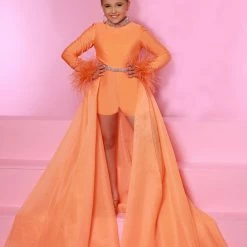 In Stock Sugar Kayne C127 Size 6 LIME Girls Long Sleeve Feather Trim Short Romper With Overskirt Pageant Wear