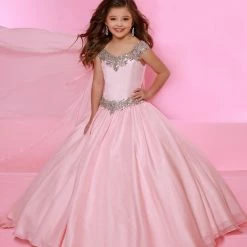 In Stock Sugar Kayne C150 A Line Girls Ballgown Pageant Dress Size 2 Blush Off The Shoulder Long Cape Ballgown Dresses