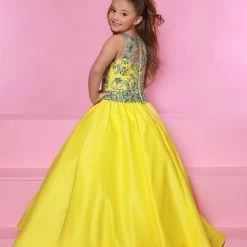 In Stock Sugar Kayne C158 Size 10 Long Satin Girls Pageant Ballgown Sheer High Neck Embellished