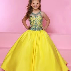 Ballgown Dresses Sugar Kayne C158 Long Sating Girls Pageant Ballgown Sheer High Neck Embellished