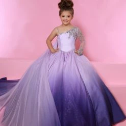 In Stock Sugar Kayne C160 Girls Pageant Dress Iris Ombre Size 8 One Shoulder Long Sleeve