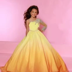 Sugar Kayne C160 Girls Pageant Dress Ombre Cape One Shoulder Long Sleeve