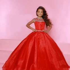 Sugar Kayne C168 Long A Line Girls Pageant Dress Sheer High Neckline Kids Ball Gown