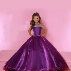 Sugar Kayne C168 Long A Line Girls Pageant Dress Sheer High Neckline Kids Ball Gown
