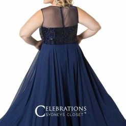 In Stock Sydney's Closet 1810 Size 28, 32 Long Prom Dress High Neck Flowing Navy Plus