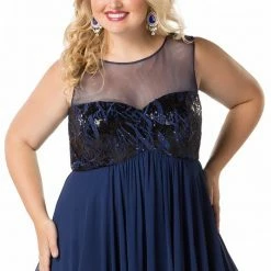 In Stock Sydney's Closet 1810 Size 28, 32 Long Prom Dress High Neck Flowing Navy Plus