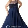 In Stock Sydney's Closet 1810 Size 28, 32 Long Prom Dress High Neck Flowing Navy Plus