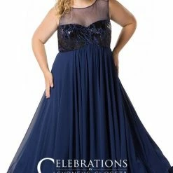 In Stock Sydney's Closet 1810 Size 28, 32 Long Prom Dress High Neck Flowing Navy Plus