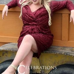 Sydneys Closet CE 2004 Short Sequin Cocktail Dress Long Sleeve Plus Size Celebrations Sequin Dresses