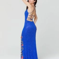In Stock Primavera Couture 3427 Size 4, 10 Royal Blue Sequin Beaded Prom Dress Floral Slit Details