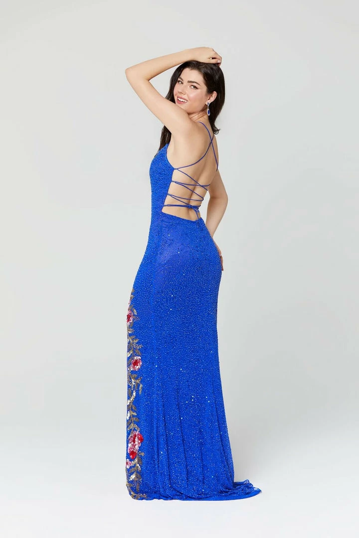 In Stock Primavera Couture 3427 Size 4, 10 Royal Blue Sequin Beaded Prom Dress Floral Slit Details 4 In Stock Primavera Couture 3427 Size 4, 10 Royal Blue Sequin Beaded Prom Dress Floral Slit Details